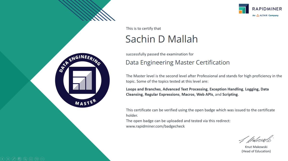 Data Engineering Master Certification certificate