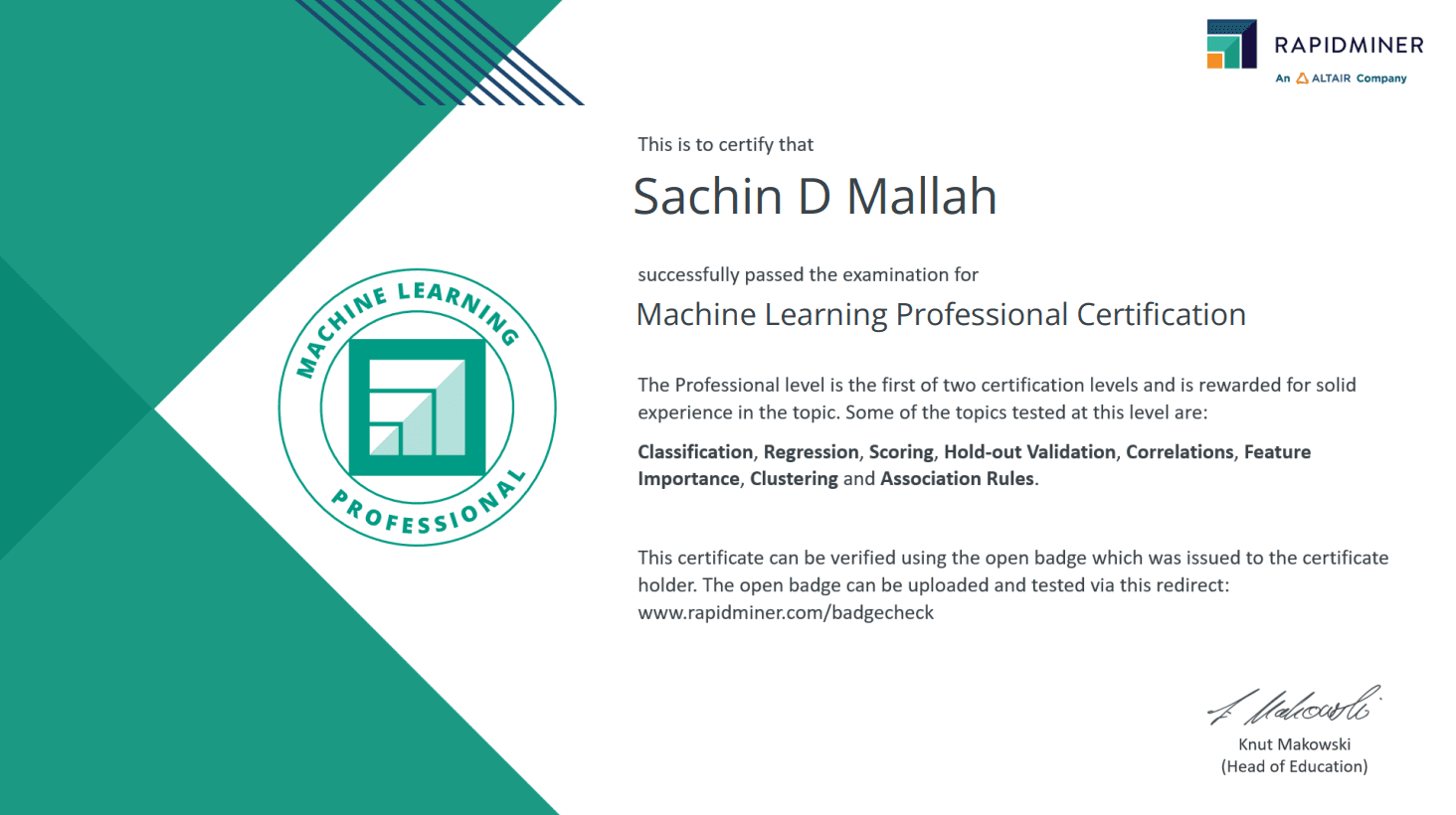 Machine Learning Professional Certification