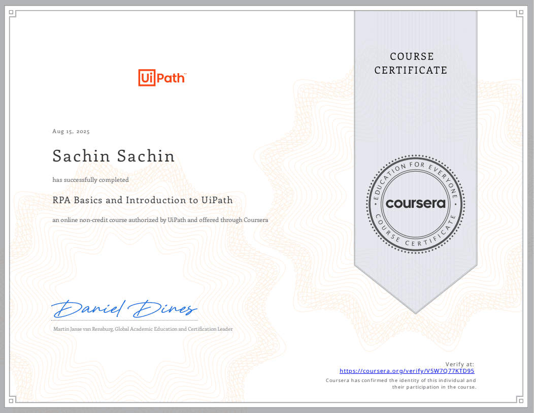 RPA Basics and Introduction to UiPath certificate