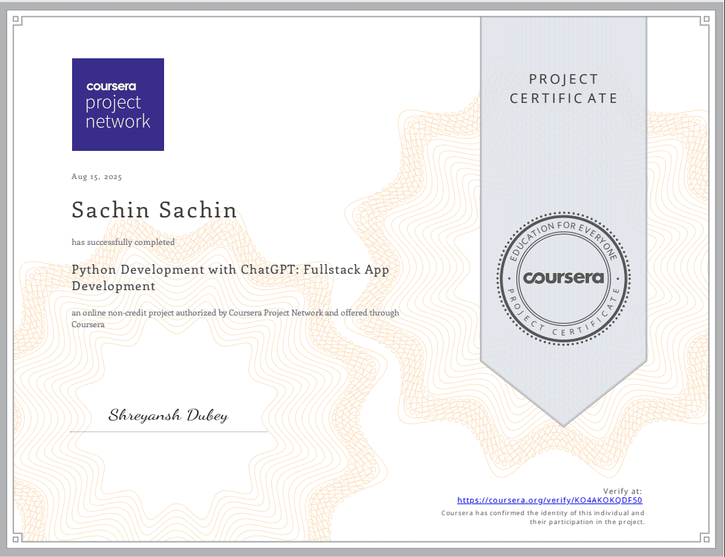 Python Development with ChatGPT: Fullstack App Development certificate